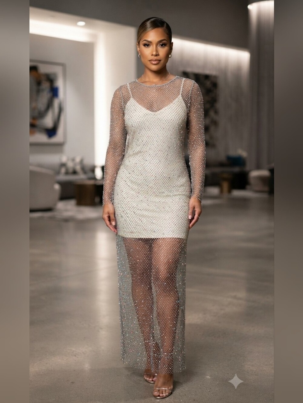 House of Harlow Women's Maxi Dress Size S Gray Mesh Rhinestone Long Sleeve